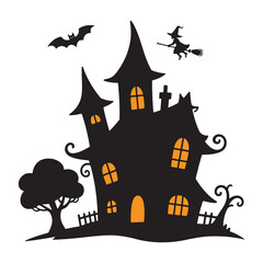 Halloween castle silhouette on a hill with bats at night