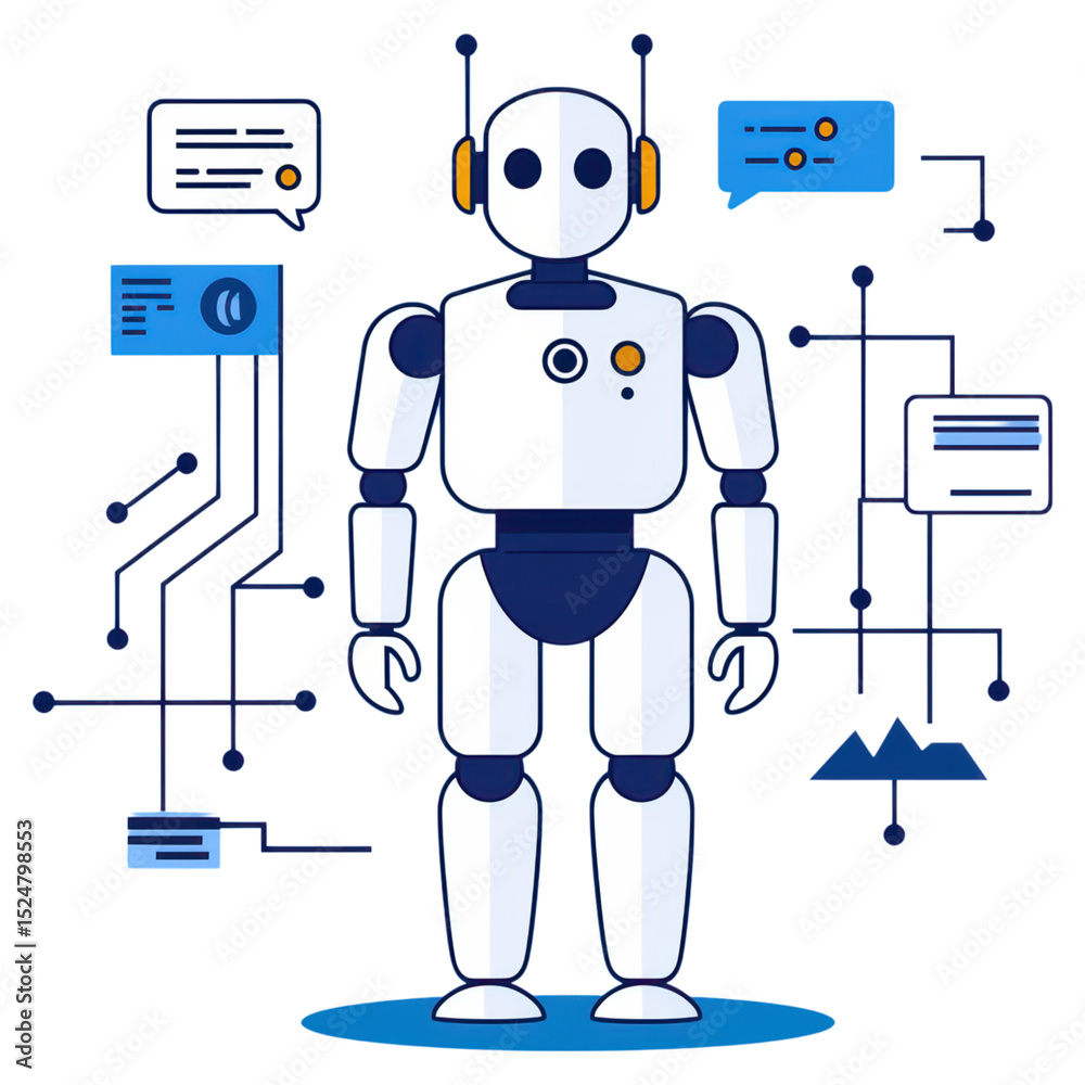 Poster friendly robot character with communication and technology elements, isolated on transparent backgro