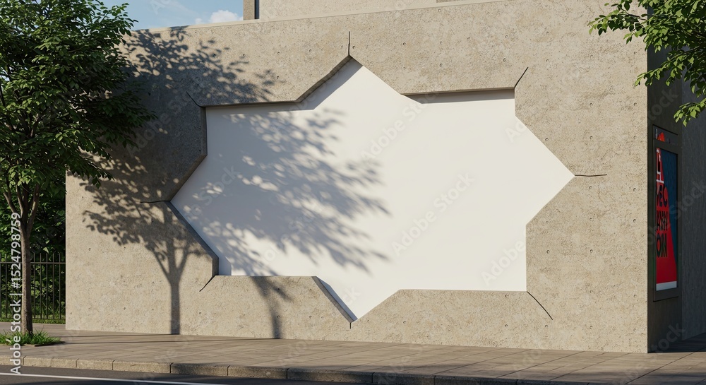 Poster modern architectural facade with geometric shapes and tree shadows on a sunny day