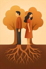 Two faceless figures stand back-to-back as tree roots below them intertwine, symbolizing a deep, unseen connection and unconditional love despite distance or silence.