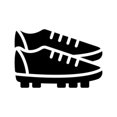 A modern, bold black glyph soccer shoes icon. This solid vector represents footwear, equipment, and player gear in football or soccer. Ideal for sports apps, apparel, and game UIs.