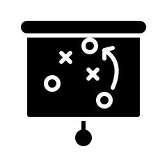 A modern, bold black glyph strategy board icon. This solid vector represents tactics, planning, and coaching in football or soccer. Ideal for sports apps, game analysis, and training.