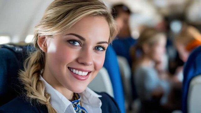 Air hostess: A stunning portrait of a friendly air hostess aboard an airplane, radiating confidence and warmth, ready to assist passengers during a flight.