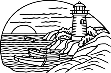 Coastal lighthouse on rocky shore with boats at sunset seaside beacon, tranquil ocean, and scenic maritime landscape