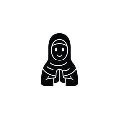A simple black and white icon of a smiling Muslim woman wearing a hijab and praying.