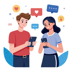 Cartoon Couple Using Smartphones with Social Media Notifications and Leaf Decorations, Smiling