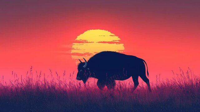 Silhouette bison grazing in warm sunset, vast meadow of prairie grass field