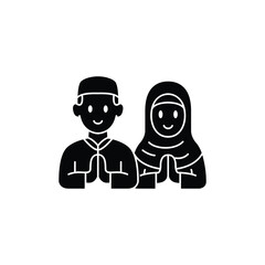 A simple illustration of a Muslim couple greeting each other in traditional attire.