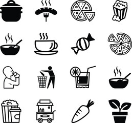 Food and drink set of web icons in line style. Restaurant linear icon collection. Containing meat, fruits, vegetables, desserts, drink, burger, pizza, hot dog, french fries and more