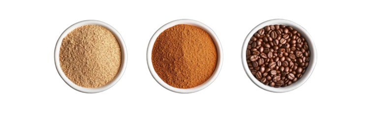 Three small white bowls of different food items