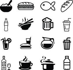 Food and drink set of web icons in line style. Restaurant linear icon collection. Containing meat, fruits, vegetables, desserts, drink, burger, pizza, hot dog, french fries and more