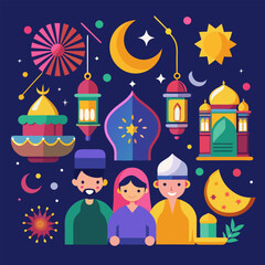 Colorful Diwali celebration with family, fireworks, and lanterns. Traditional Indian festival. Flat cartoon vector illustration.
