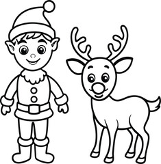 Naklejka premium Cute Christmas Elf and Reindeer Cartoon Characters for Coloring Book