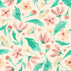 Meadow seamless pattern hand drawn with watercolor. Light yellow, red, beige abstract flowers and mint leaves. Repeat floral print for textile, fabric, clothing. Spring, summer floral tile