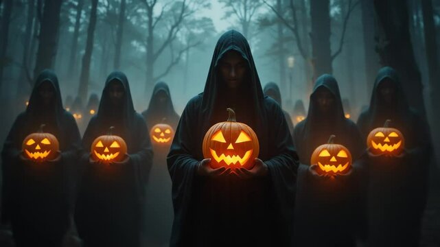 Group of spooky hooded figures holding glowing jack o lantern pumpkins in a misty forest, creating a mysterious and scary Halloween atmosphere. 4k video