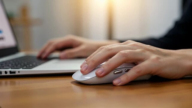 Close-up of hands using a computer mouse and a laptop