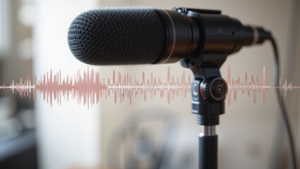 Close-Up of Professional Microphone with Sound Waveform Display in Modern Recording Studio