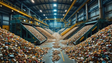 Industrial Recycling Facility with Large Piles of Waste and Material Sorting Equipment in Action