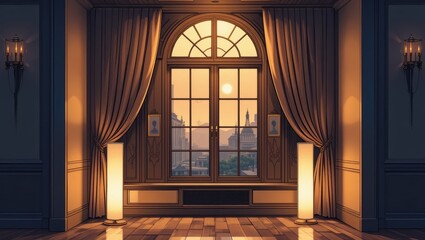 Elegant Interior View Of A Room At Sunset With Cityscape Through The Window And Soft Lighting