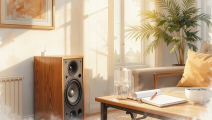 Cozy Living Room Interior with Warm Sunlight Streaming Through Windows and Wooden Furniture