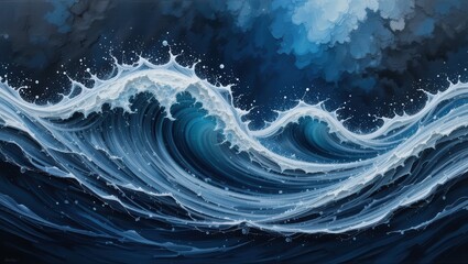 Dynamic Ocean Waves with Splashes and Swirling Patterns Under a Dark Stormy Sky
