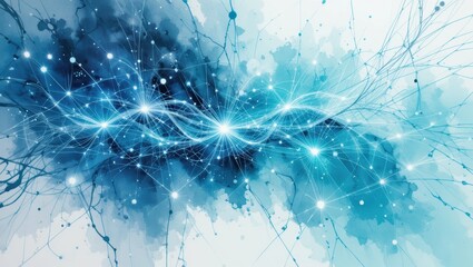 Abstract Digital Art with Vibrant Blue Waves and Sparkling Light Particles on a Soft Background