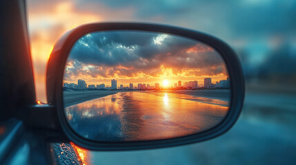 Car side mirror capturing colorful sunset over beach and ocean, clouds and glowing sun, travel and vacation mood 