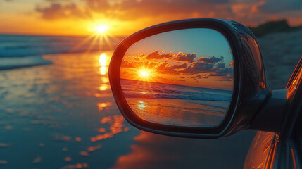 Car side mirror reflecting a beach scene at sunset, golden sun over ocean shore, coastal road trip journey, freedom and travel concept