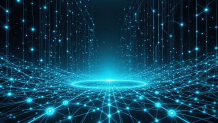 Futuristic Digital Landscape with Glowing Blue Network Connections and Abstract Patterns