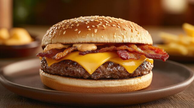 A delicious hamburger featuring bacon cheese and sesame seed bun - Powered by Adobe