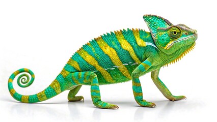 Obraz premium Colorful chameleons on white background – exotic reptiles with vibrant scales and curled tails 