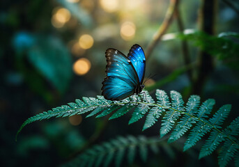 8K Macro Blue Morpho Butterfly on Fern in Rainforest