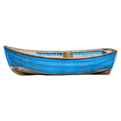Vintage Blue Wooden Fishing Boat with Rustic Barrel on Deck, isolated on transparent background.