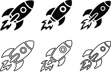 Rocket Icon Set – Vector Black and Outline Rocket Ship Illustrations.