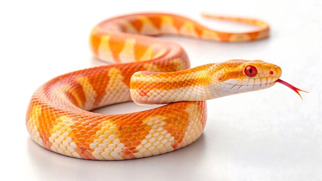 Albino corn snake with vibrant orange and white pattern, tongue out and alert on white background
