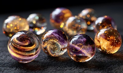 natural crystal spheres with high transparency and internal inclusions, each shaped like planets floating in a spiral galaxy, Generative AI