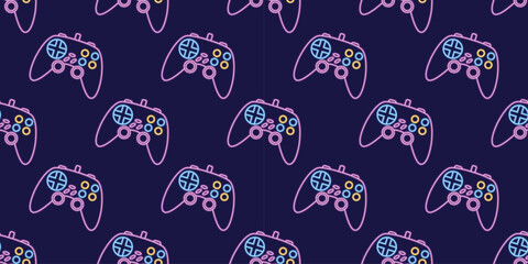 Vector neon glow game controller gamepad seamless pattern. Colored outline joystick element flat style on night dark background. Gamer device background
