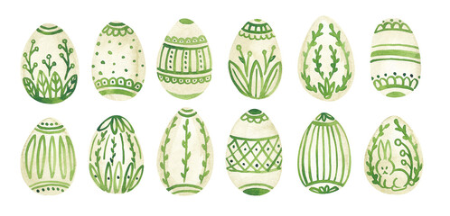 Easter eggs hand drawn with watercolor. Hand painted eggs set. Printable clip art for Easter card designing. Watercolor eggs decorated with green leaves and ornaments