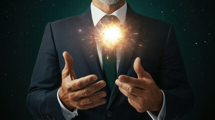 Man in suit with glowing, radiant light emanating from his chest, symbolizing energy, power, or inspiration, set against dark, starry background