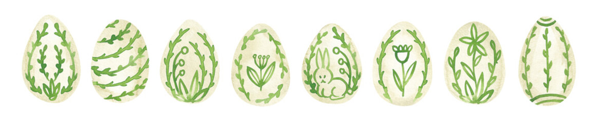Easter eggs hand drawn with watercolor. Hand painted eggs set. Printable clip art for Easter card designing. Watercolor eggs decorated with green leaves and ornaments