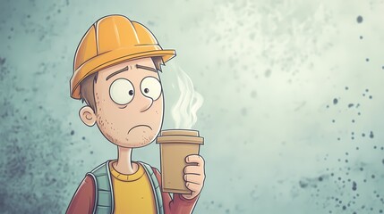 Funny cartoon of a tired construction worker drinking coffee