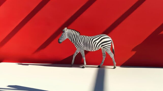 A zebra strides across a white surface, adjacent to a red wall with bright lighting
