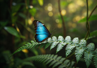 8K Macro Blue Morpho Butterfly on Fern in Rainforest