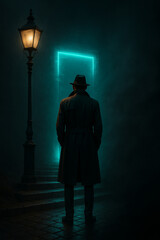"Trench-Coated Man Under Antique Streetlamp Facing a Teal Glitching Portal | Cinematic Noir Fantasy 8K Poster Background"