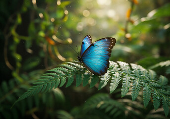 8K Macro Blue Morpho Butterfly on Fern in Rainforest
