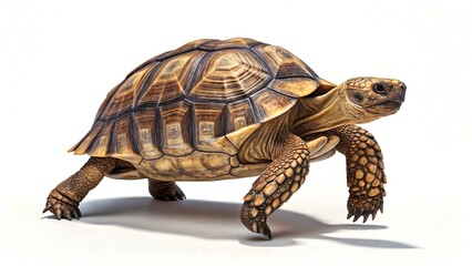 Obraz premium Realistic tortoise walking on white background, detailed texture of shell and slow reptile movement 