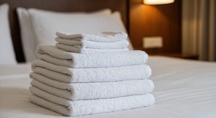 Stack of clean white towels neatly folded on a bed in a hotel room. Fresh bathroom linens for comfort and hygiene in hospitality for banner or poster for hotel service.