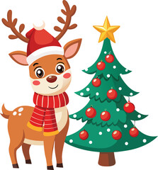Fototapeta premium Cute Cartoon Reindeer with Christmas Tree and Red Scarf and Hat