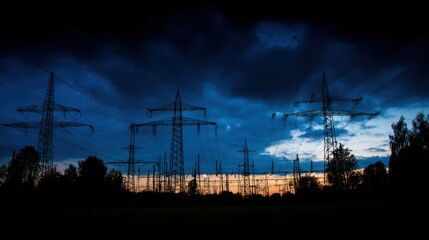 Dramatic sky with deep blue-black clouds transitioning to warm golden-orange sunset, silhouetted tall electricity pylons with intricate metal frameworks and multiple cross-arms supporting crisscrossin