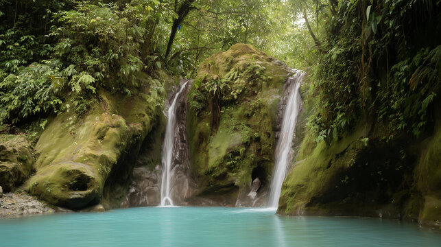 Twin waterfalls flow into a turquoise pool, surrounded by lush rainforest. Nature's serene beauty in a tropical paradise. - Powered by Adobe